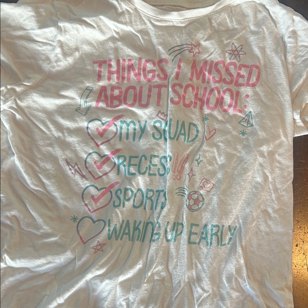 The Children's Place White Tee with Pink and Blue School Checklist